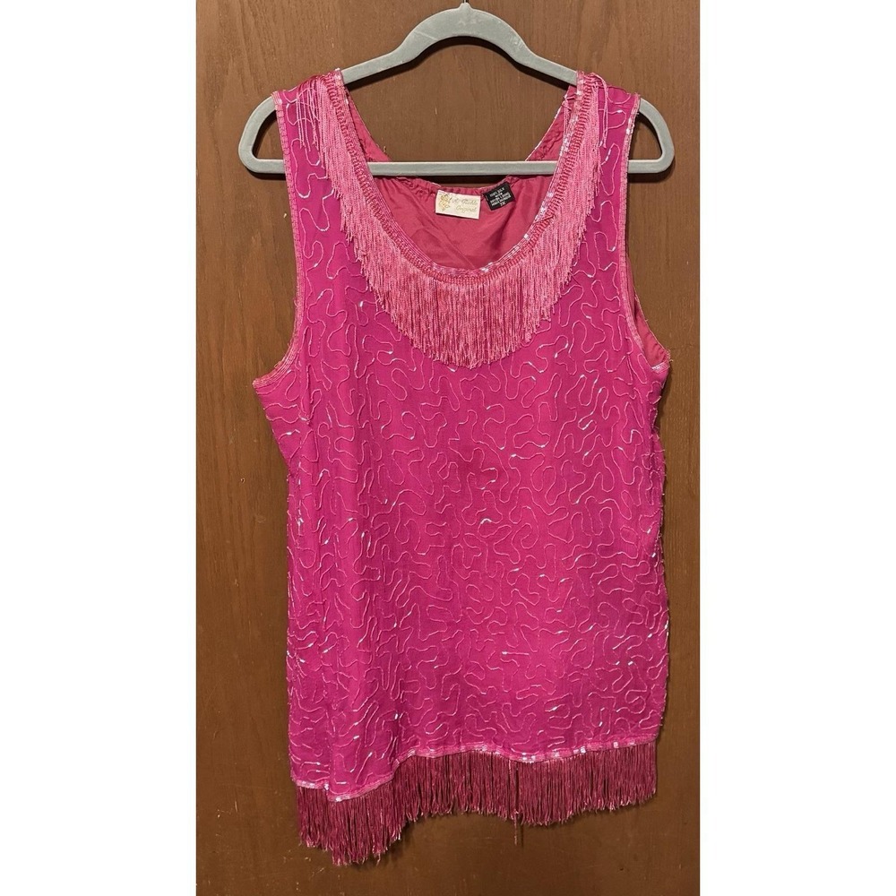 Vintage Riehle Original Embellished Fringe Beaded Silk Pink Tank Top Sz 3X GTb31